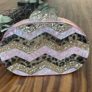 RARE NEW Bari Lynn Mother of Pearl clutch W/ gold chain strap & magnetic closure